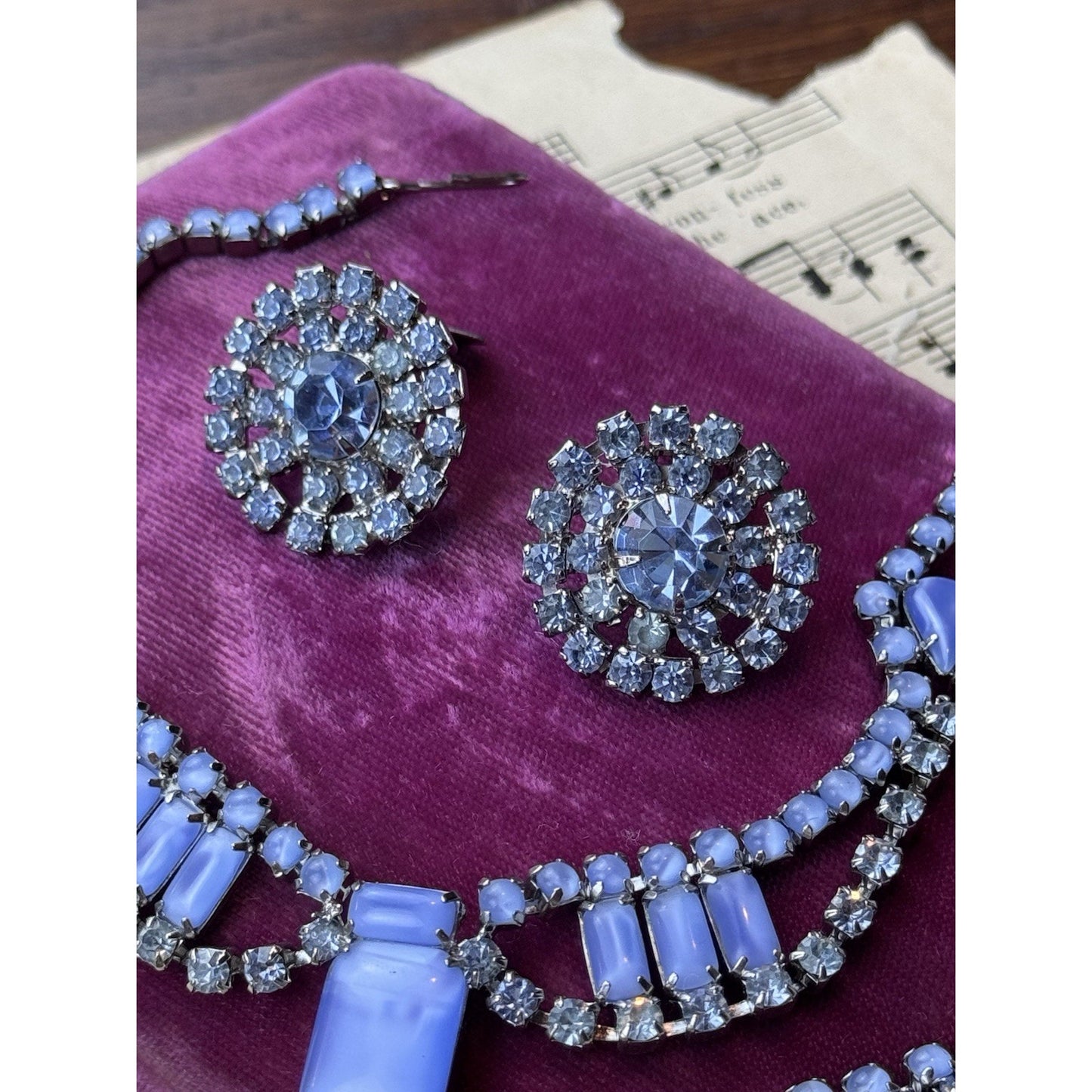 Joseph WARNER Jewelry Set Blue Rhinestone Lucite Necklace Bracelet Earrings