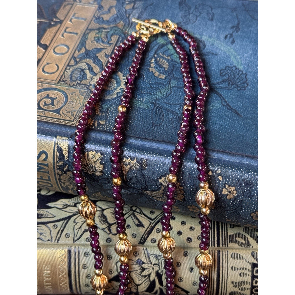 Garnet Double Strand Necklace 19” Floral Cloisonné Goldtone Beads Newly Restrung