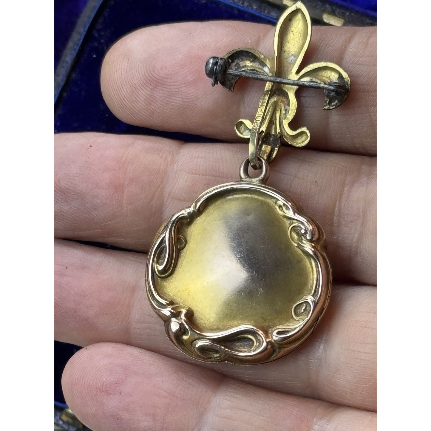 Antique Gold-Filled Locket Fleur De Lys Brooch Pin Monogram Photo 1”
