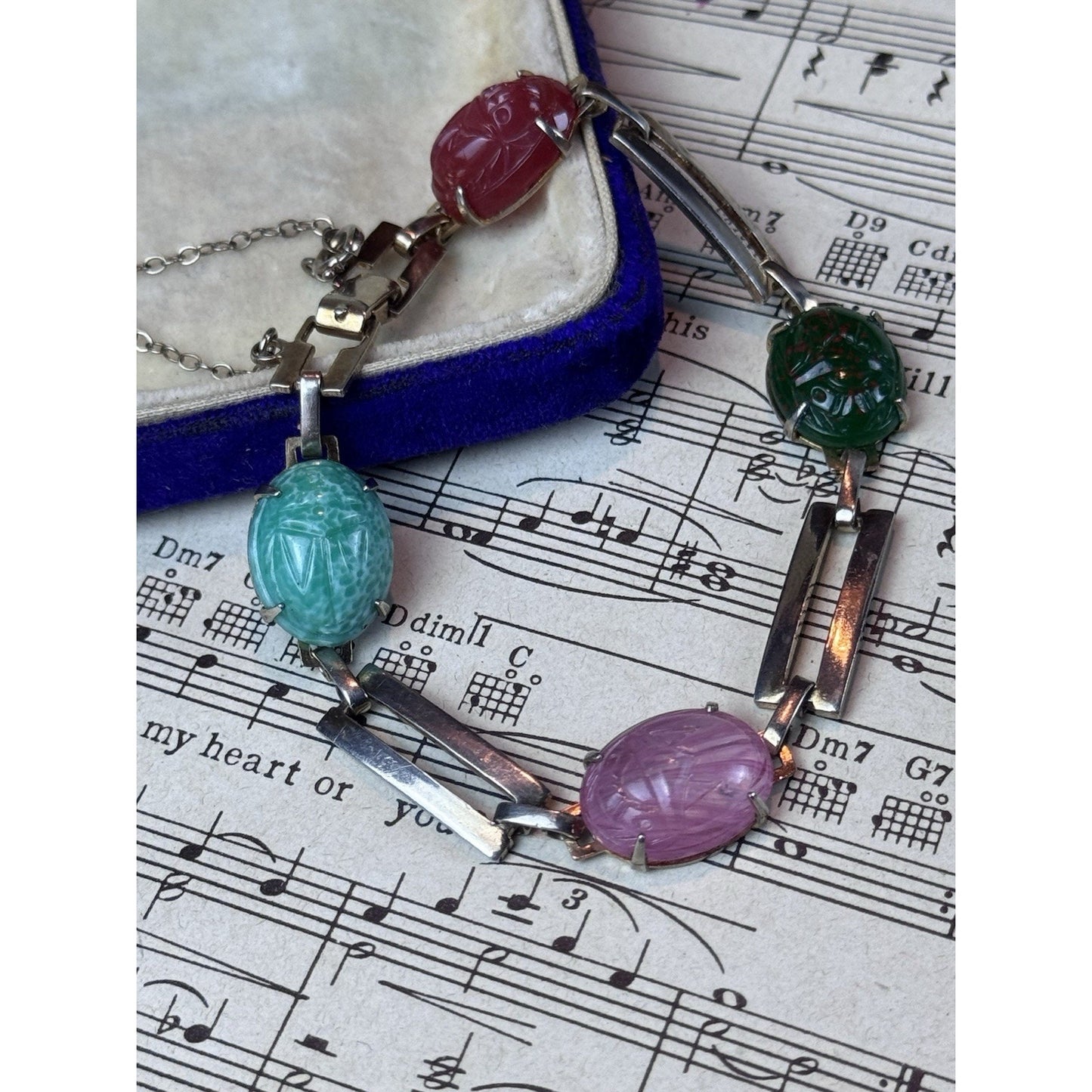 Vintage Silvertone Glass Scarab Bracelet Egyptian Revival 7.5” Pink Green Blue