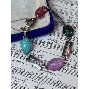 Vintage Silvertone Glass Scarab Bracelet Egyptian Revival 7.5” Pink Green Blue
