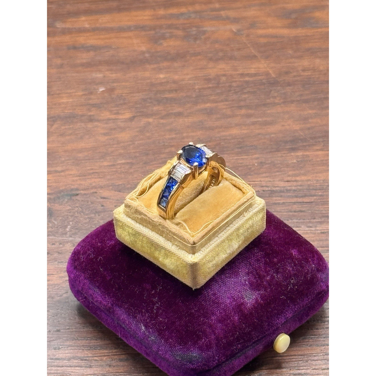 Goldplated Ring Blue Rhinestone Oval Baguette Cocktail Statement Size 7.75