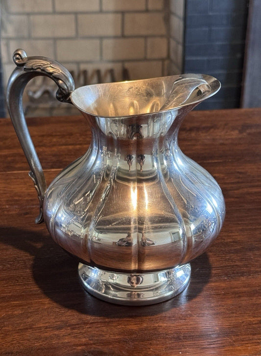 Silverplate Pitcher Ice Lip Chippendale Style Water Jug Barware 8” Vintage