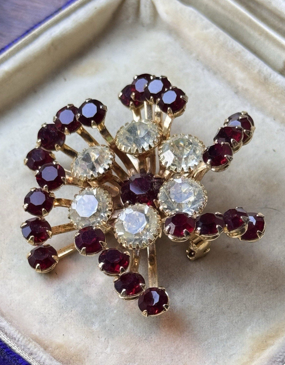 Vintage Brooch 2” Red Clear Rhinestone Goldtone Atomic Starburst Statement Pin