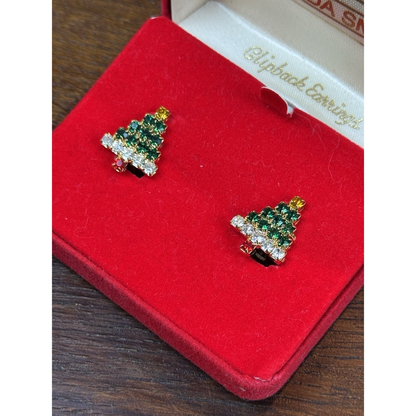 Christmas Tree Earrings .75” Clip On Goldtone Rhinestone Holiday Jewelry