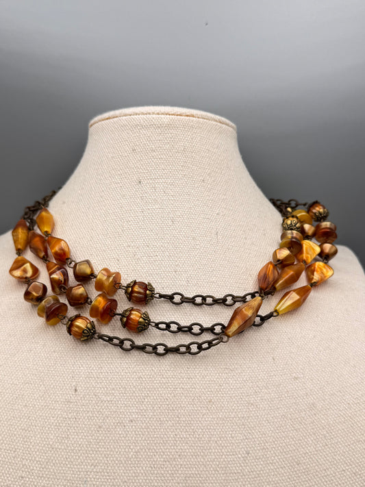 Vintage Opera Length Necklace Honey Color Acrylic Beads Antique Style Metal Chain 54”