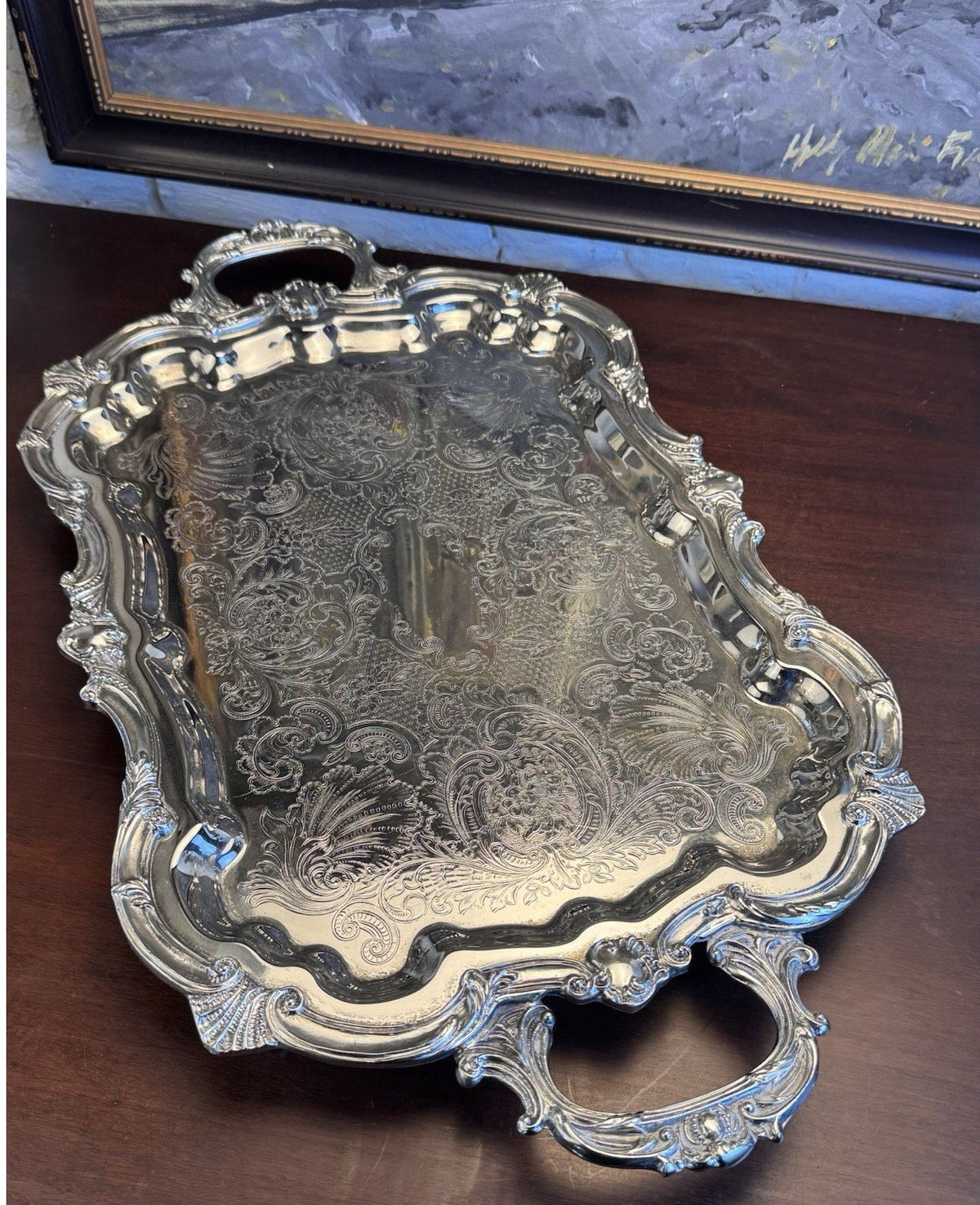 Silverplate Serving Tray Large Footed Serpentine Handled Shell Chased VINTAGE