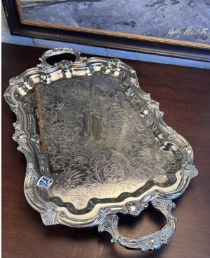 Silverplate Serving Tray Large Footed Serpentine Handled Shell Chased VINTAGE