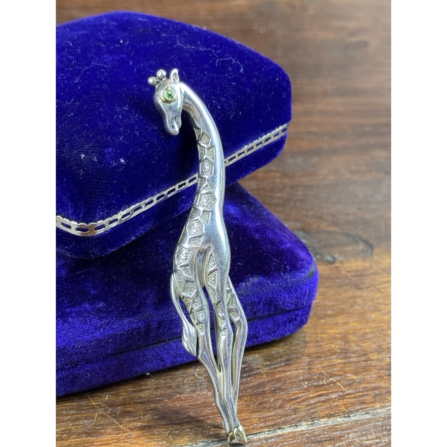 Vintage Sterling Silver 14K Gold Giraffe Brooch Green Eye Figural 3.75”