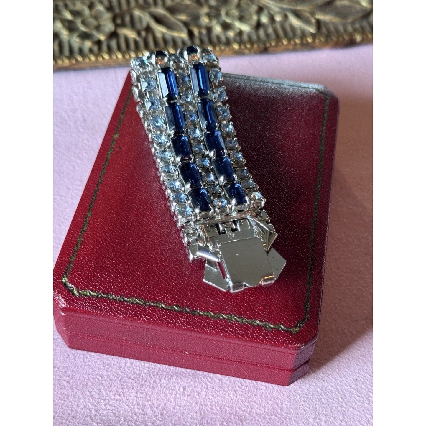 Vintage Bracelet Blue Rhinestone 5 Rows-3 Ice Blue 2 Dark Blue Silvertone 6”