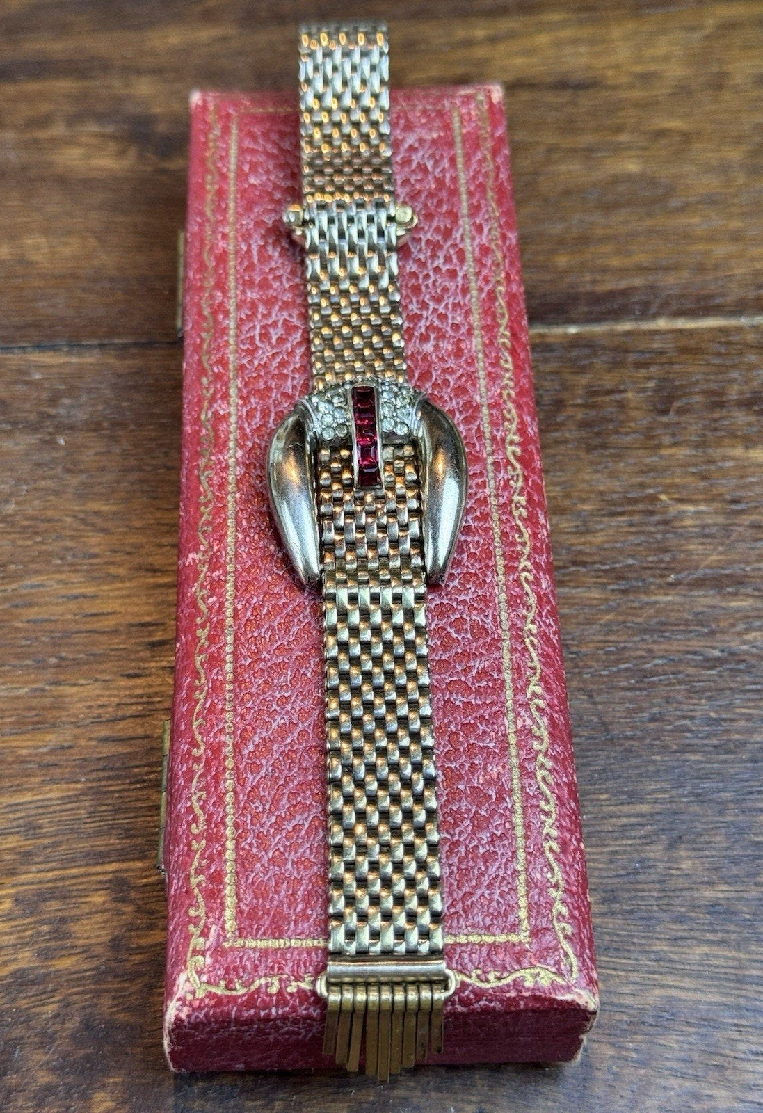 Vintage 1940s Kreisler Mesh Buckle Bracelet Red Glass Rhinestones Goldtone 7”