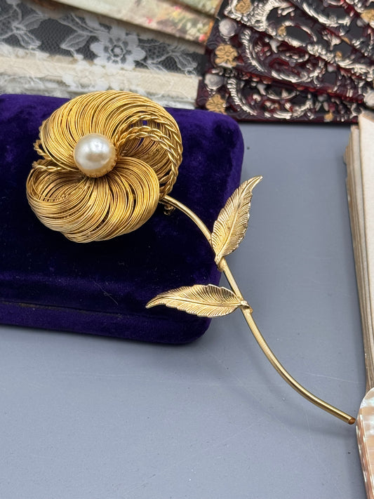 Vintage Hattie Carnegie Flower Brooch Goldtone Faux Pearl Statement 4.75”