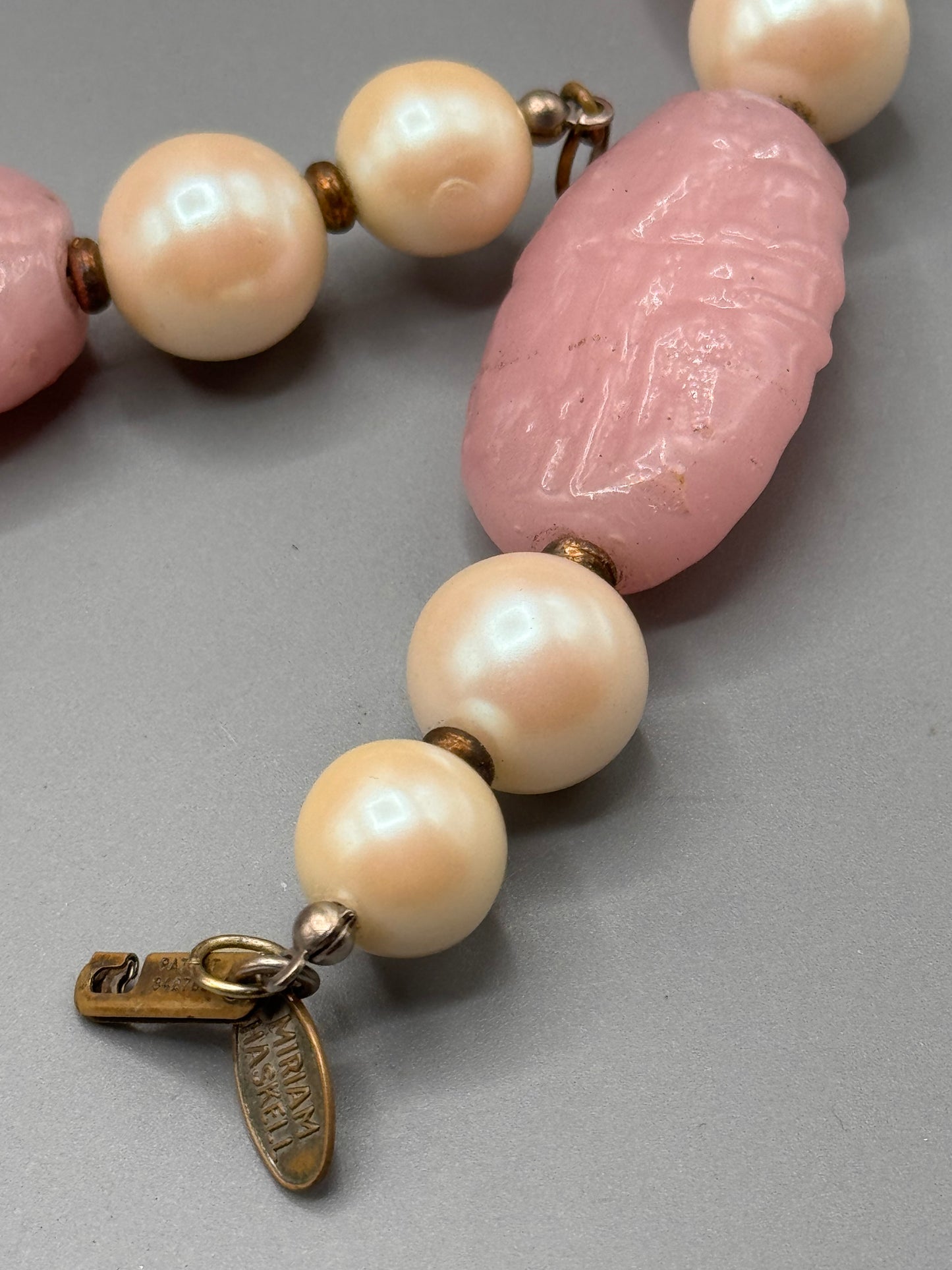 Signed Miriam Haskell Pink Art Glass & Faux Pearl Beaded Necklace