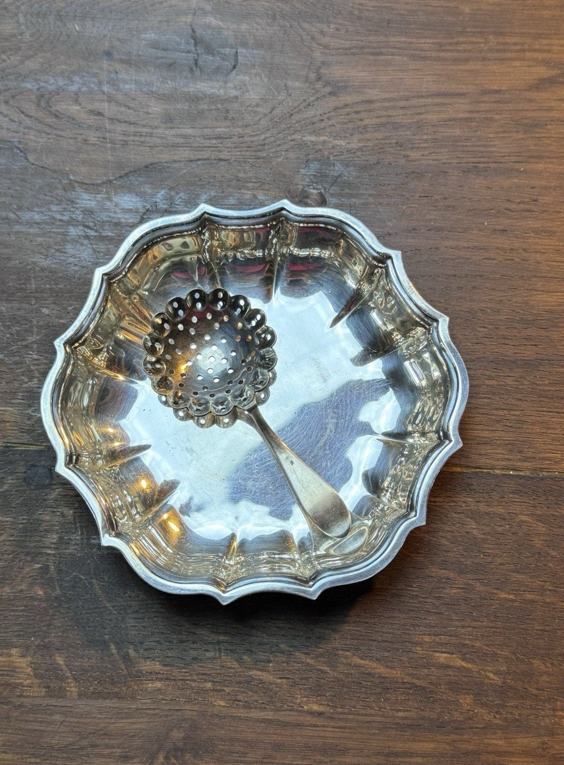 Vintage Silverplate Mint Julep Strainer Spoon & Small Nut Dish