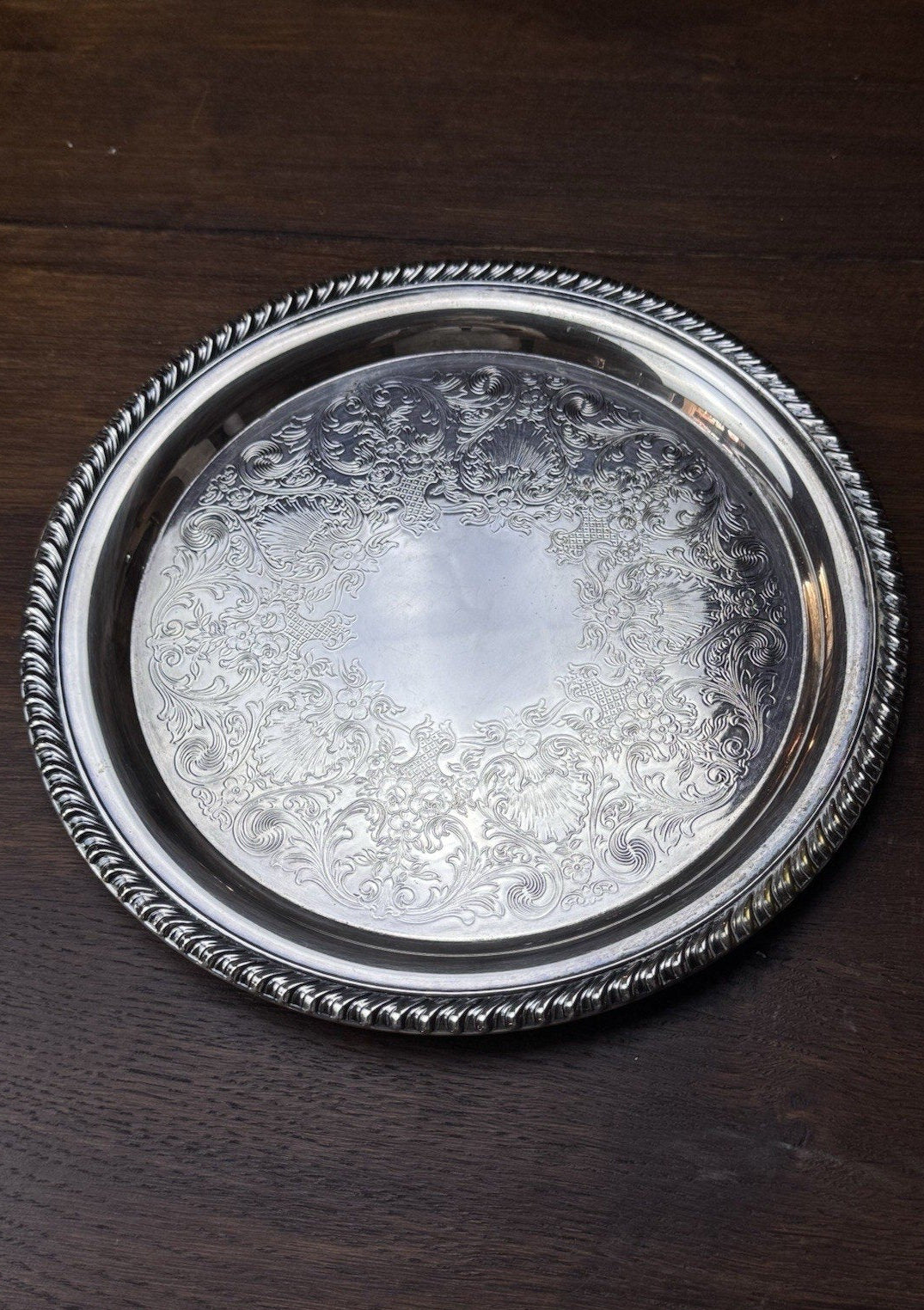 Silverplate Round Serving Tray WM Rogers Ornate Floral Rope Edge 10” VINTAGE