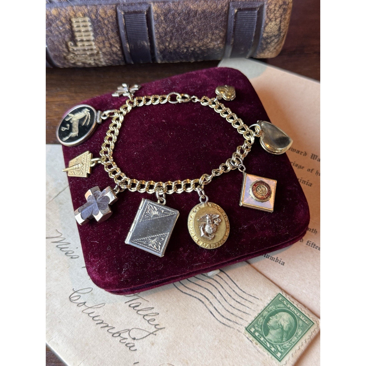 Gold-Filled Charm Bracelet 9 Charms Lockets Cross Marine Fordham 6.5”