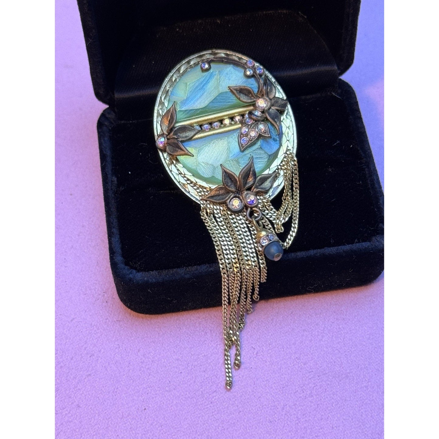 MARENA Germany Brooch Pendant Art Nouveau Revival Tassel Rhinestone Goldtone