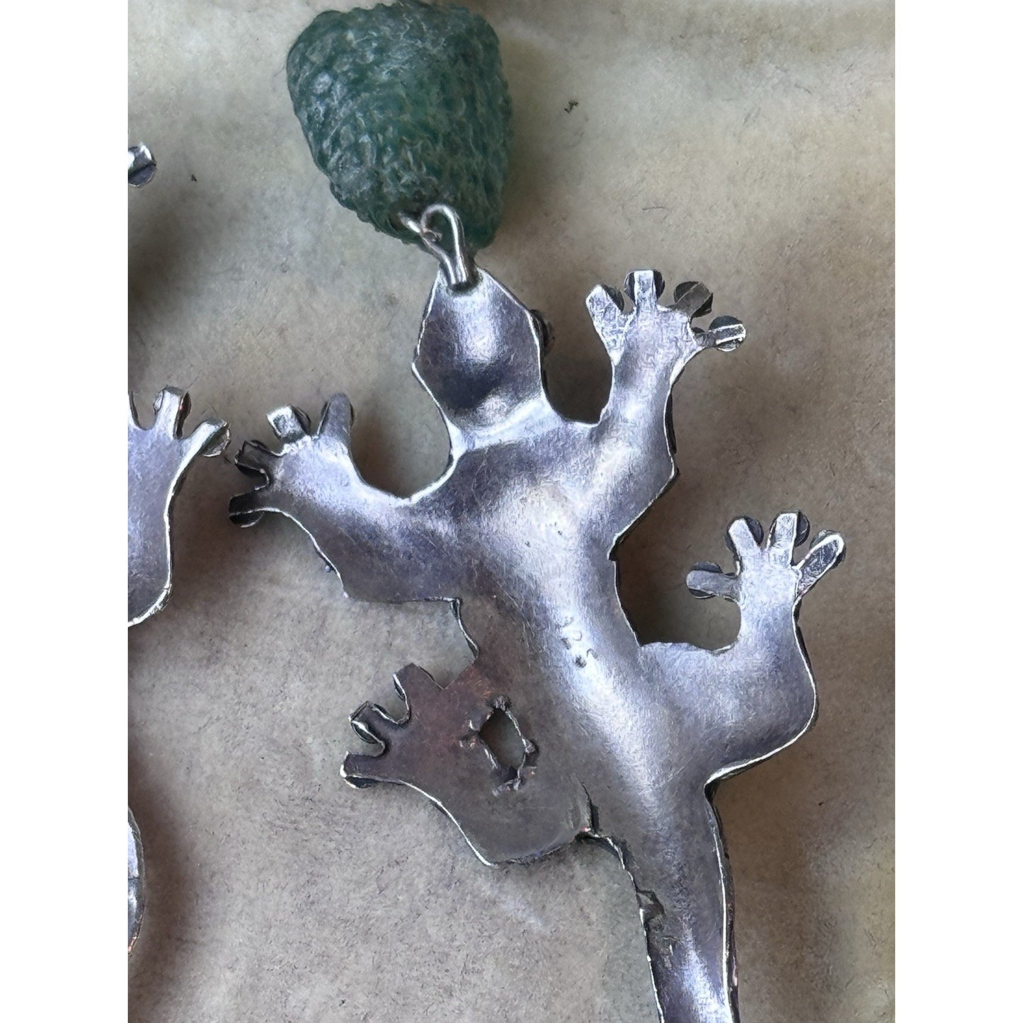 Vintage 925 Sterling Gecko Brooch Earrings Set Green Glass Beads Handmade