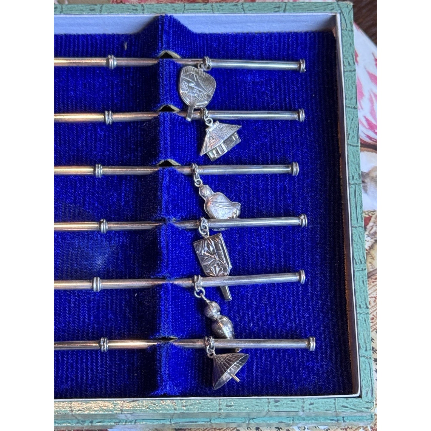 Silver Cocktail Straw Spoons 950 Sterling Bamboo Handle Asian Charms Set VINTAGE