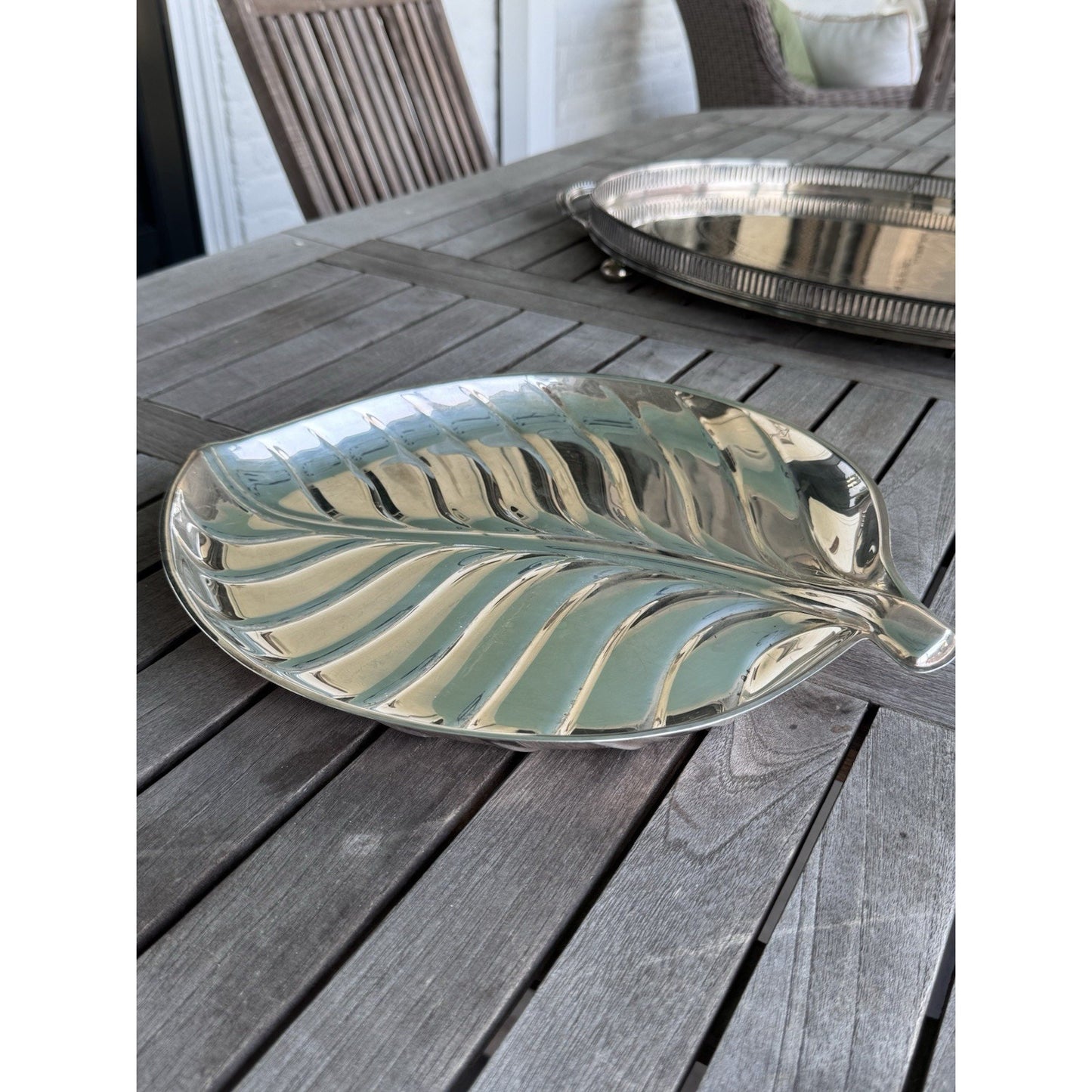 Vintage IS Silver Co Palm Leaf Serving Tray Silverplate Hollywood Regency 15”