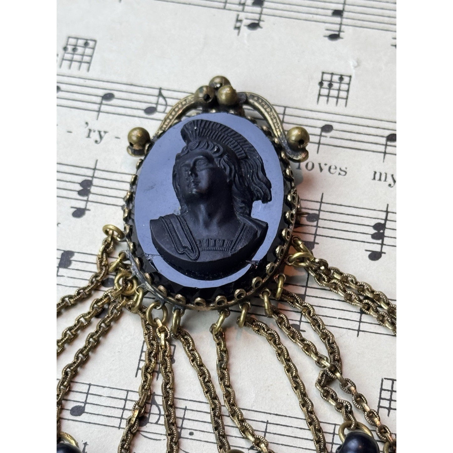 Black Cameo Brooch B Blumenthal & Co Goldtone Dangle Fringe 3.75” DAMAGED!
