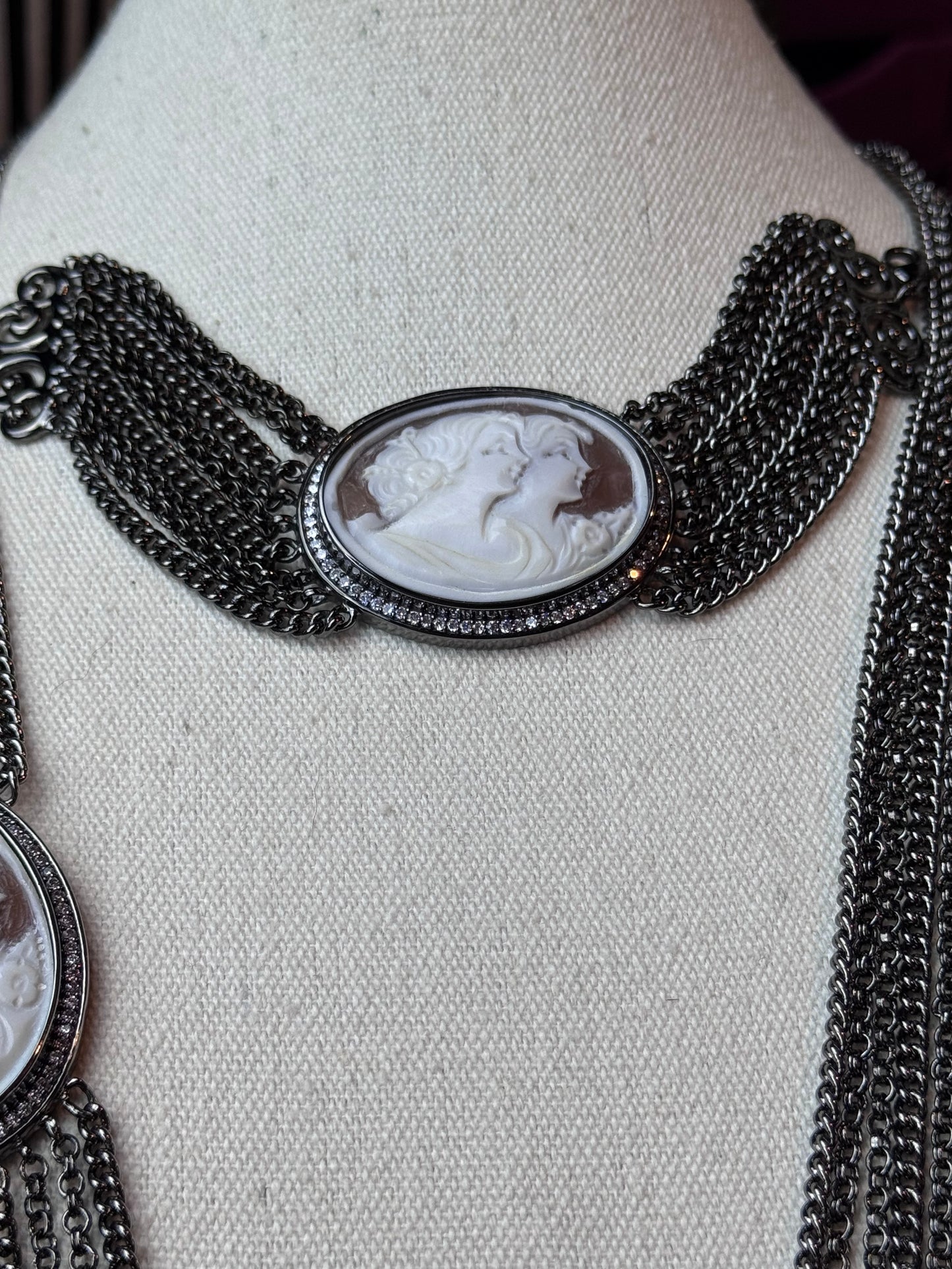 Cameo Necklace 32” & 7.25” Bracelet Gunmetal Multi Strand - Estate Find