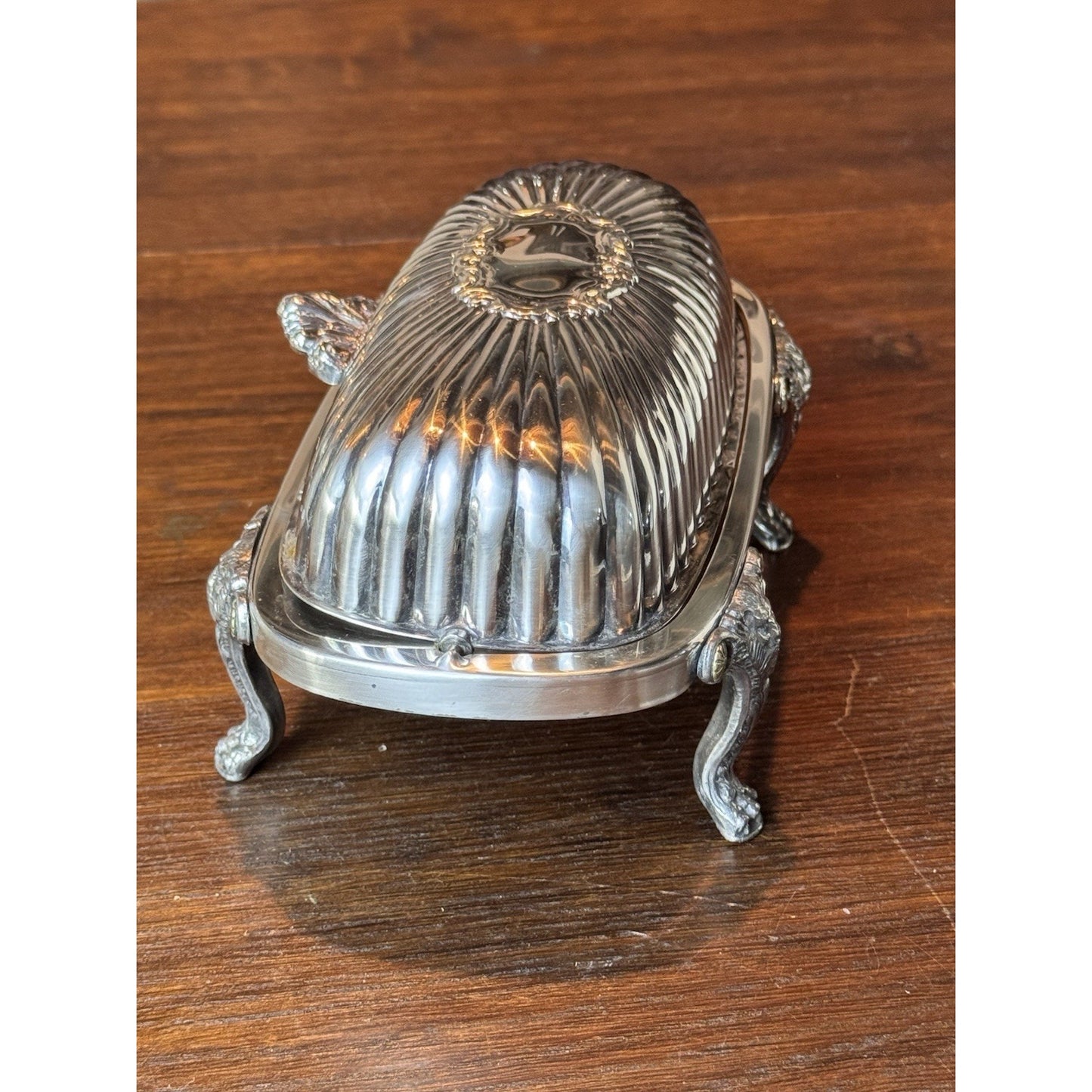 Silverplate Roll Top Butter Dish F B Rogers Silver Co Lion Feet 7.5”
