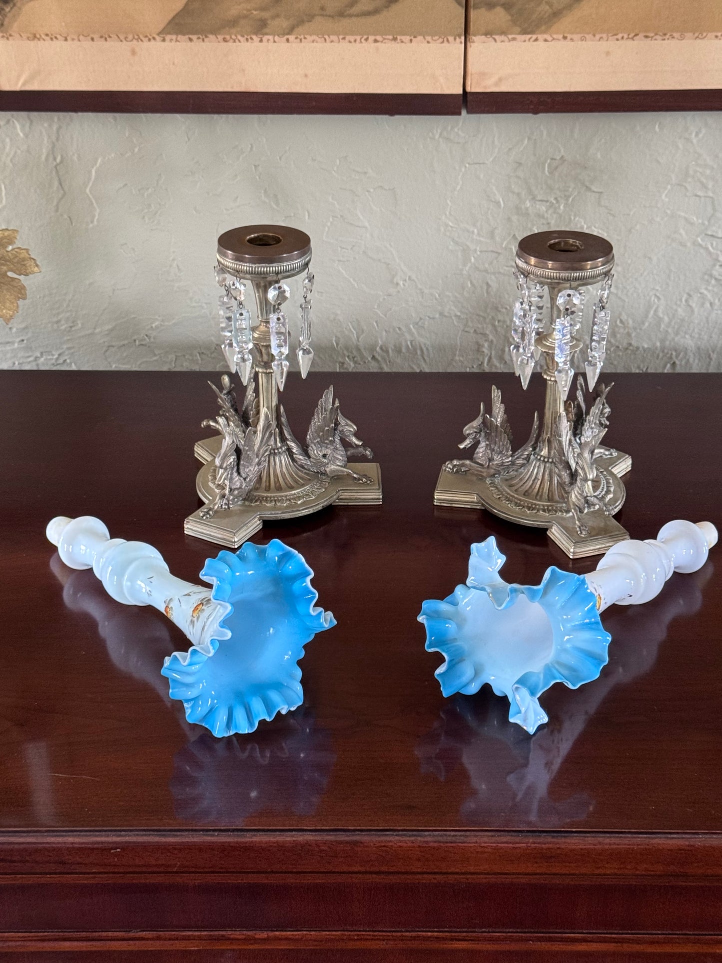 Antique Griffin Glass Epergne Vases Candlesticks Crystal Prisms Pair 18” RARE PAIR!!!