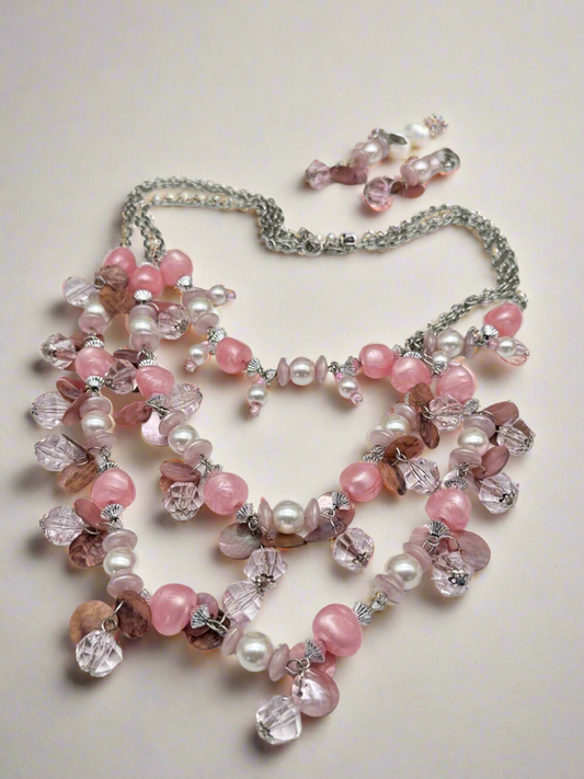 Pink 3 Strand Shell & Faux Pearl With Pink Beads Silver Tone Incl. Earrings VTG