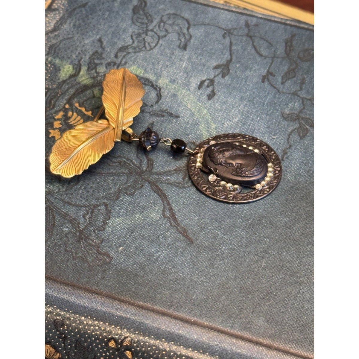Cameo Brooch Gold Filled Hook Black Rhinestone Pendant Vintage 2.25” x 1.75”