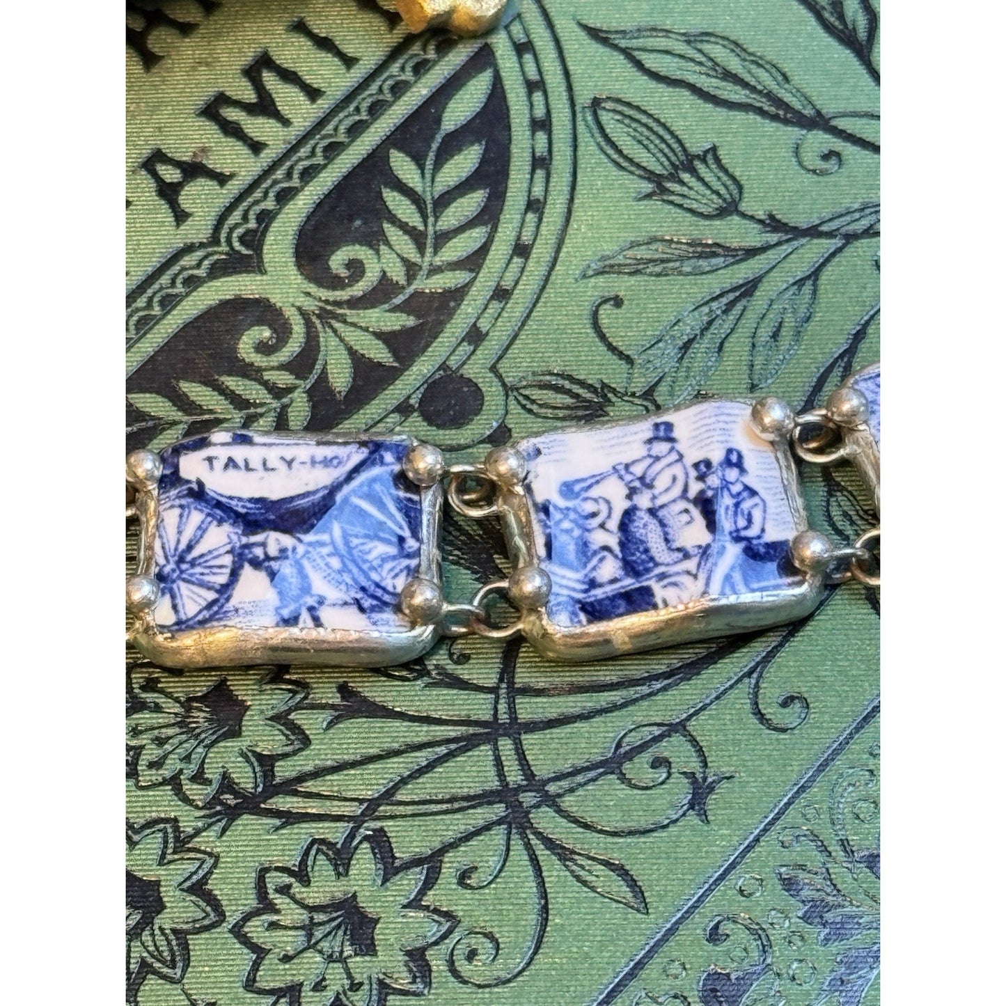 Handmade Porcelain Bracelet Blue White Tally Ho Horse Scene 6.5” Vintage 1990s
