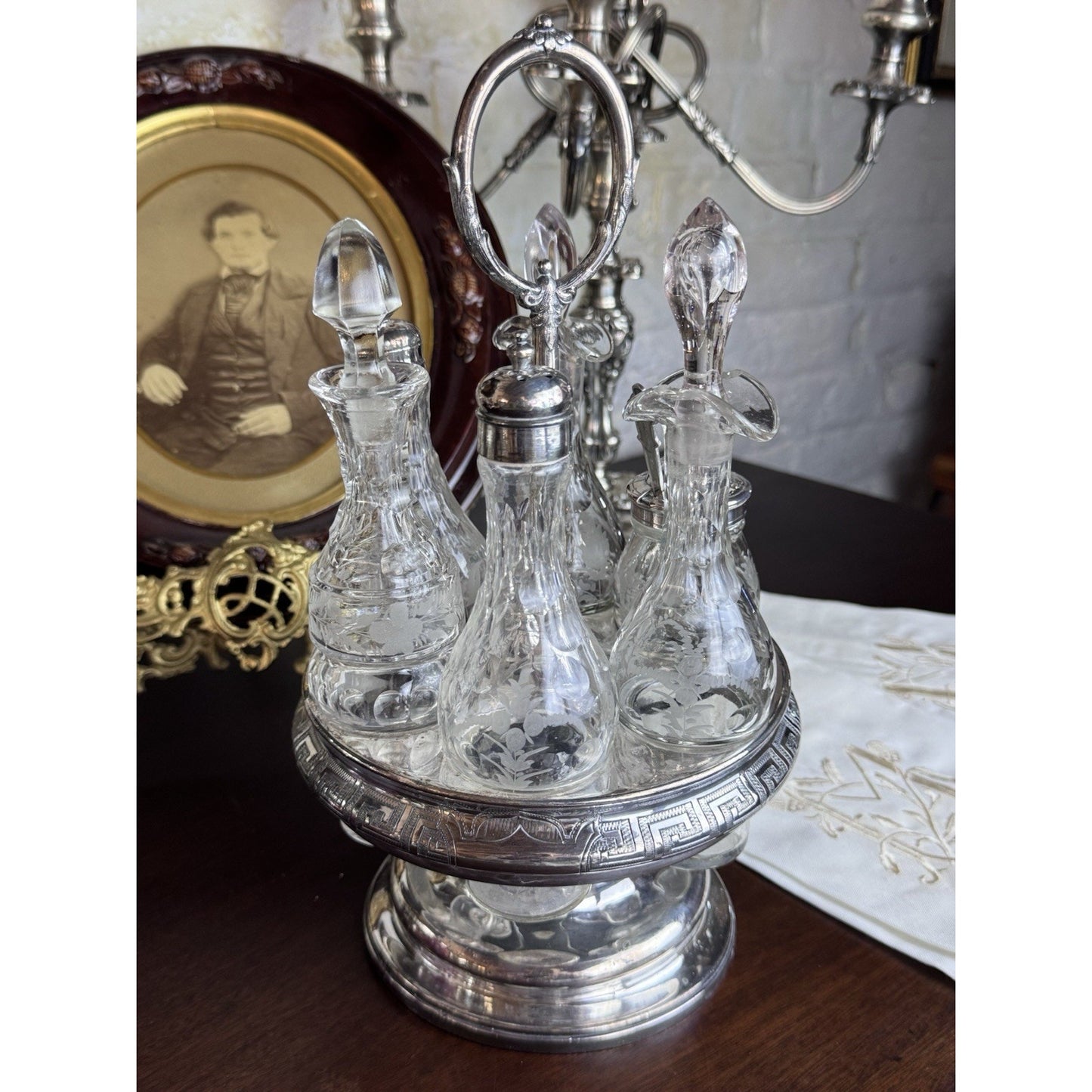 Antique Rogers Smith Silverplate Cruet Set Etched Glass 6 Bottles 13.5” Tall