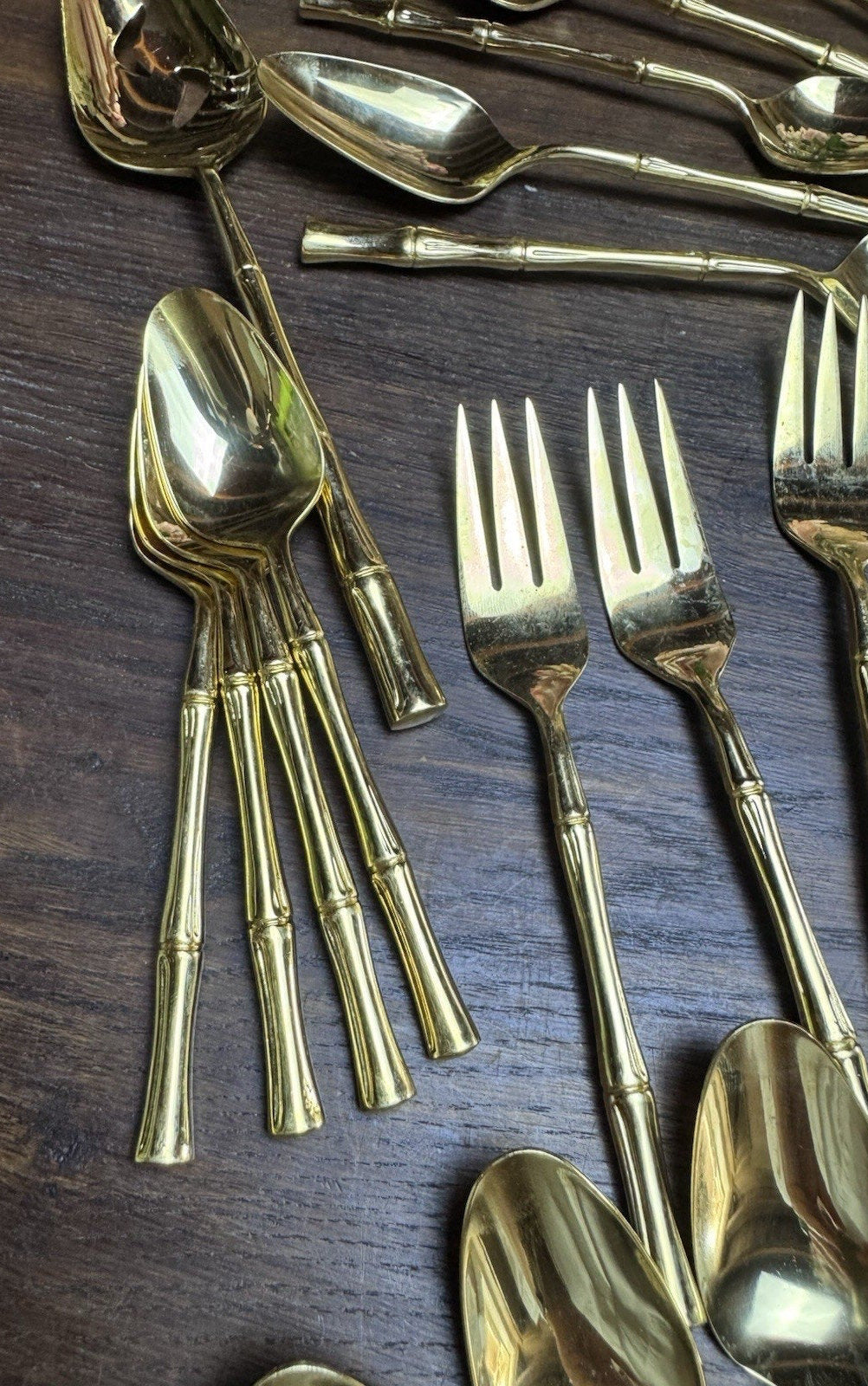Vintage Bamboo Flatware Set Signed VS Gold Plated– 58 Pieces