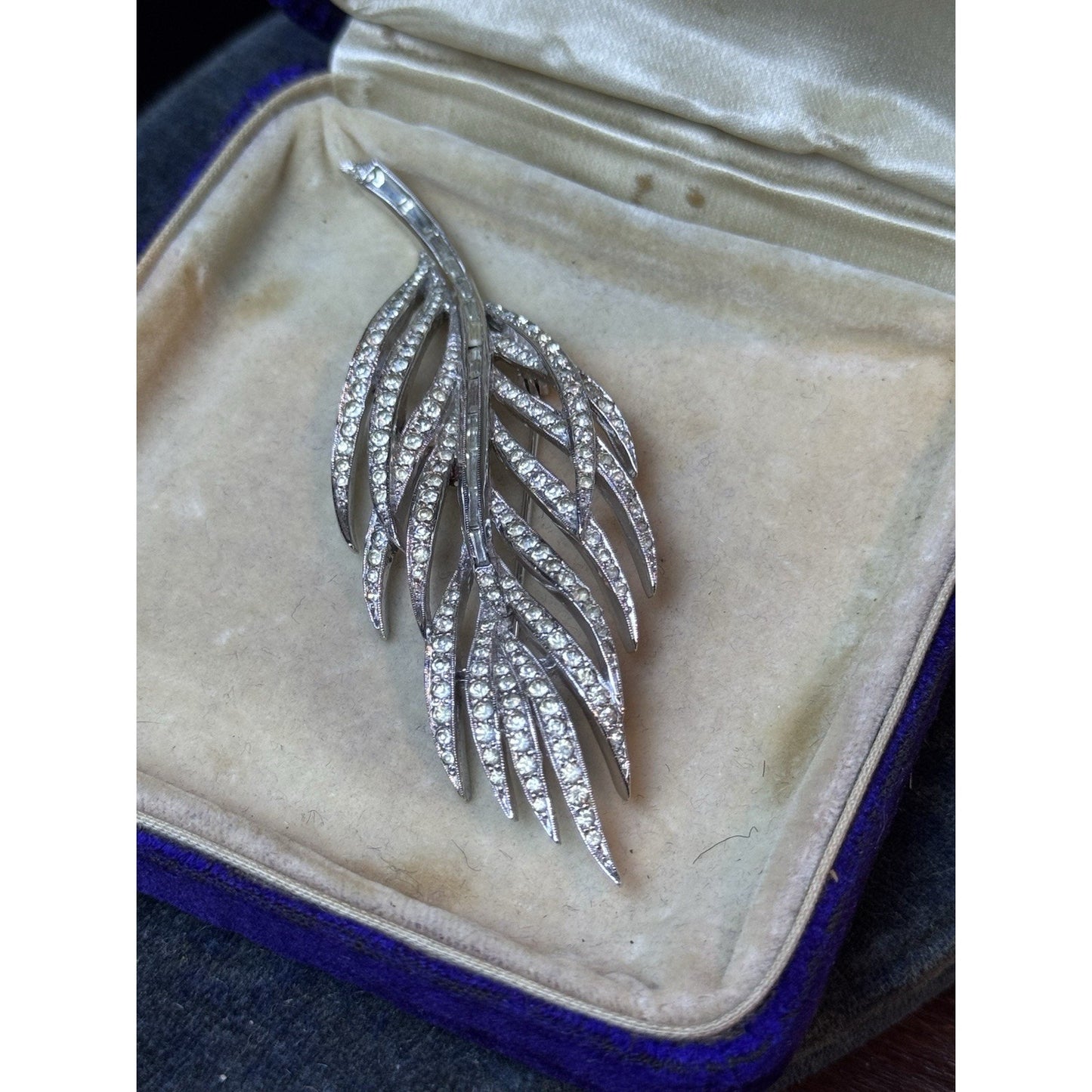 Vintage Panetta Rhinestone Feather Brooch Silver Tone Signed Designer Pin 3.5”