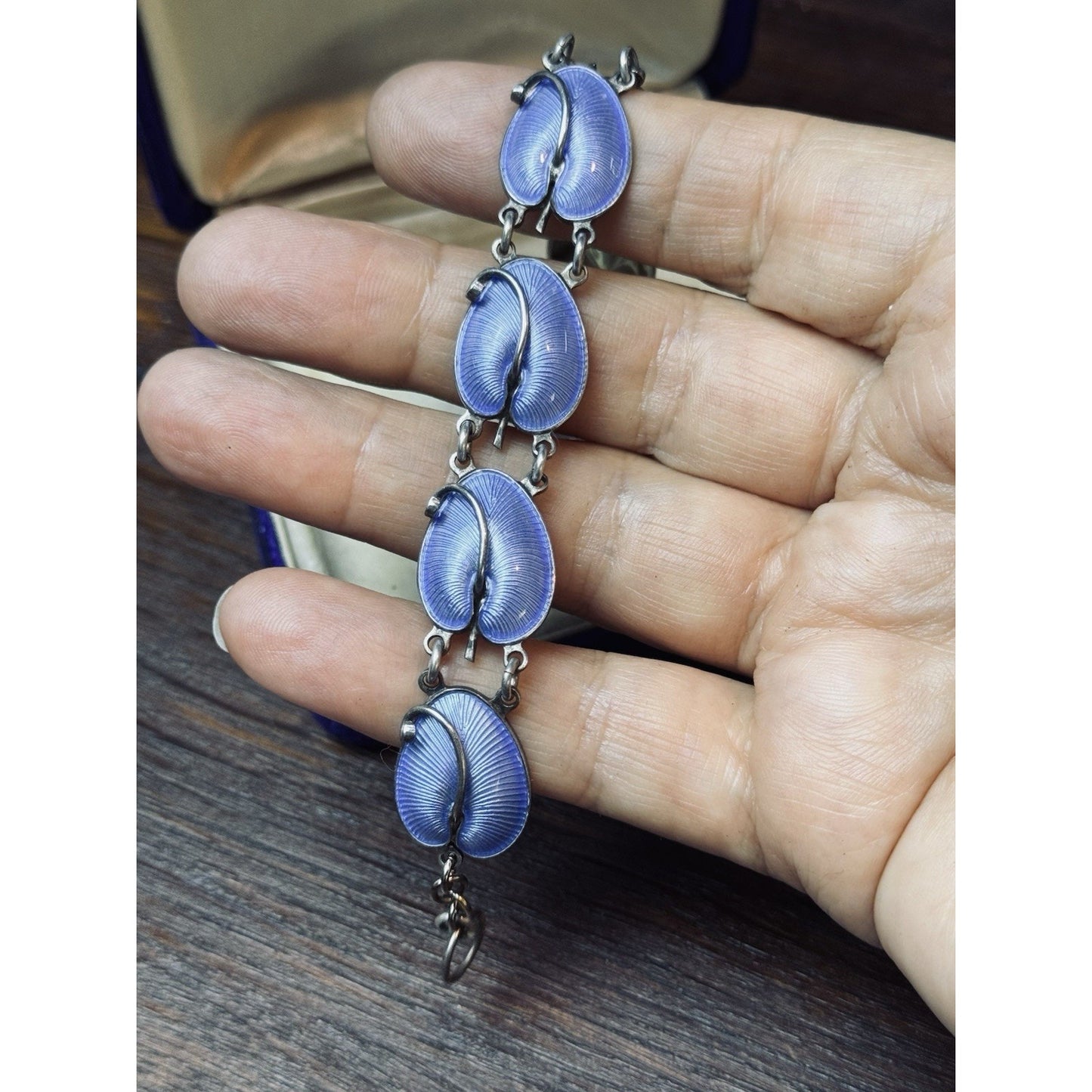 Volmer Bahner Sterling Silver Lavender Blue Guilloché Lily Pad Bracelet 7”