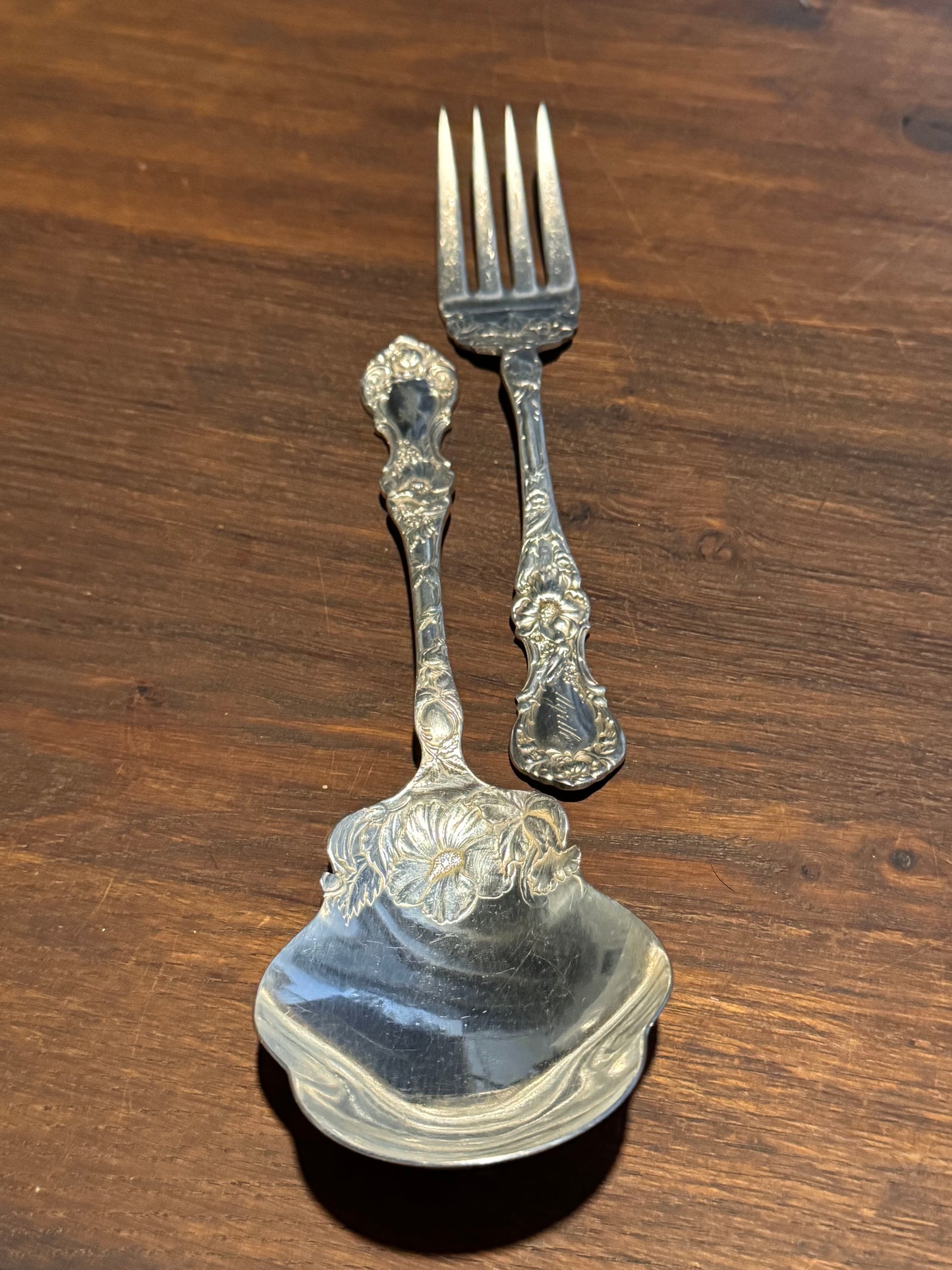 Antique Wallace Silverplate Serving Set Myrtle Engraved Spoon Fork Floral