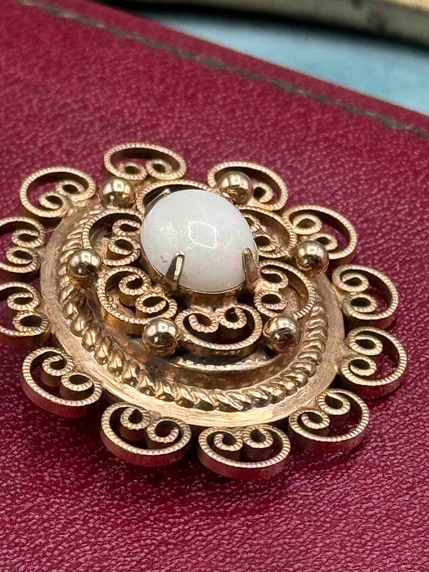 Vintage Winard 12K GF Etruscan Revival Brooch White Cabochon Filigree Pin