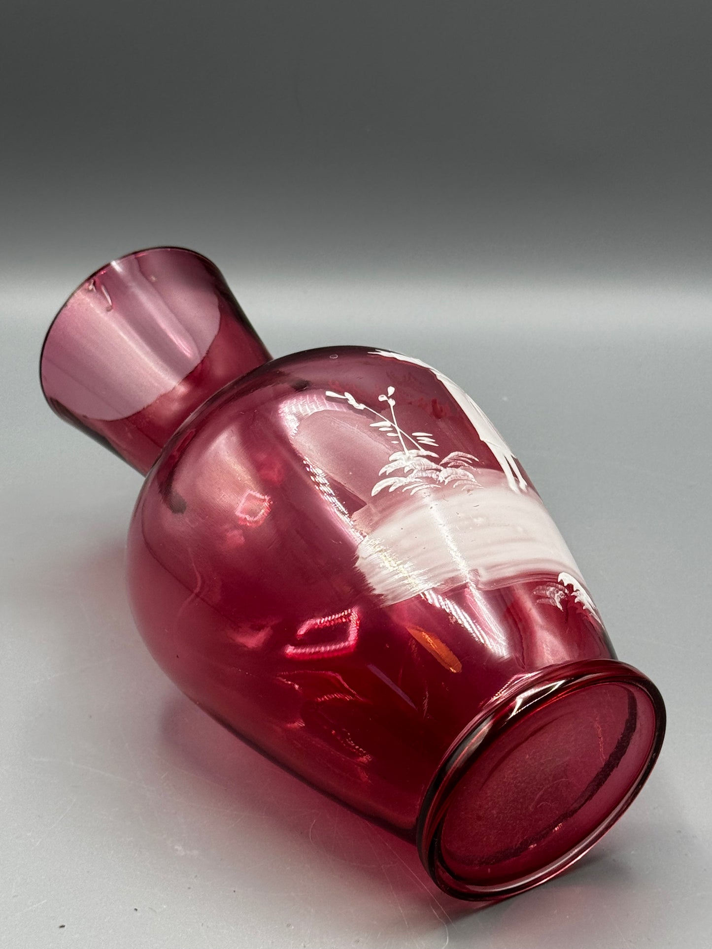 Vintage Mary Gregory Style Cranberry Glass Vase Hand Painted Child 8.5”