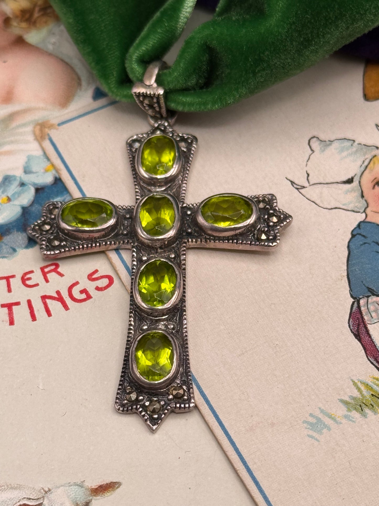 Vintage Sterling Silver Cross Pendant Peridot Green Stones 2.25” Statement Necklace