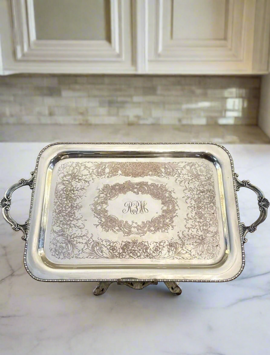 Silverplate Butler Tray MIDDLETOWN  Silver on Copper monogram Shabby Chic circa