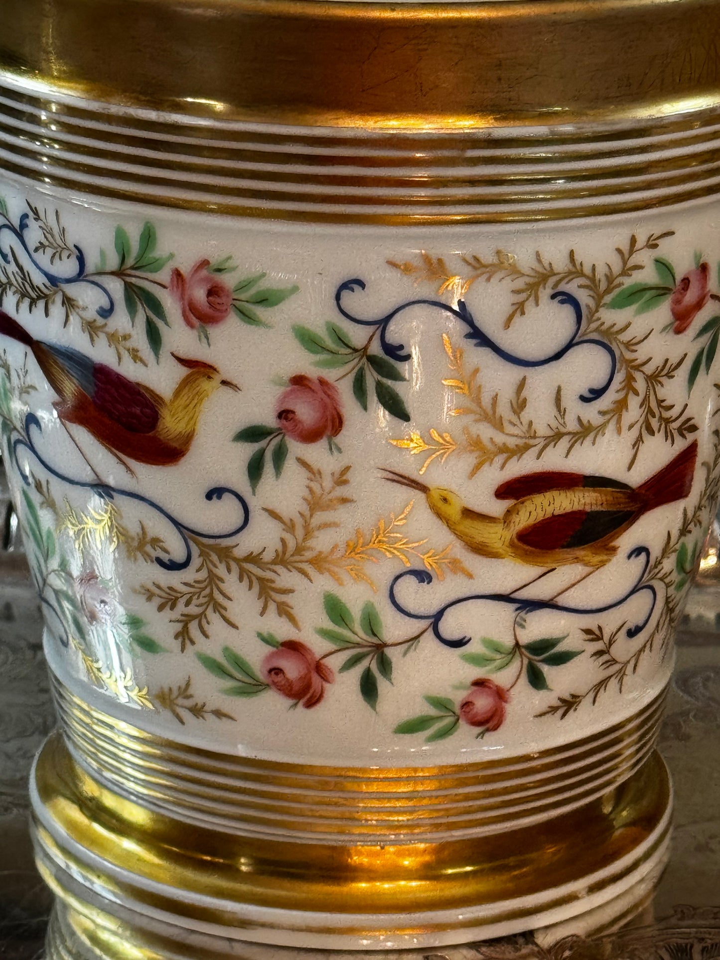 Antique Paris Porcelain Cachepot Planter Pair Hand Painted Bird Motif 19th Century