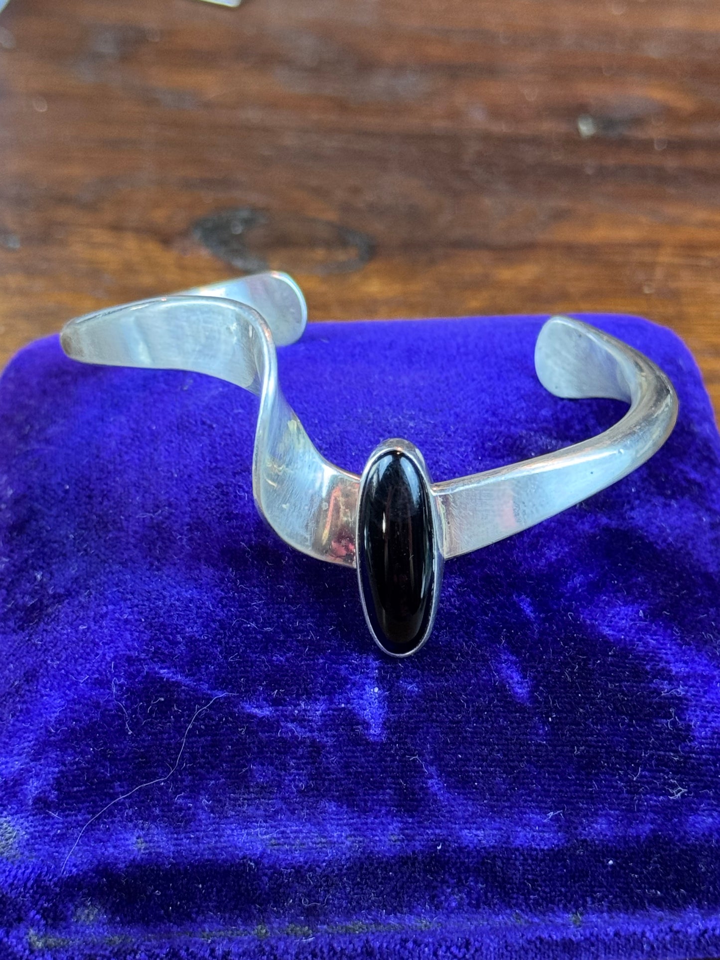 Vintage Sterling Silver Onyx Cuff Bracelet Navajo JH Signed Modernist 33.7g