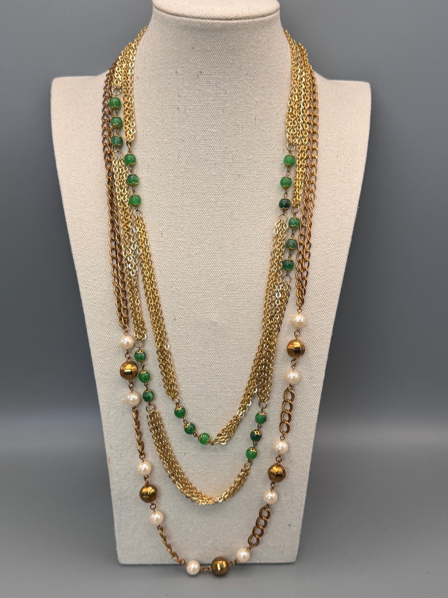 Vintage Necklace Lot Goldtone Faux Pearl Chain Green Bead Long 36” 60”
