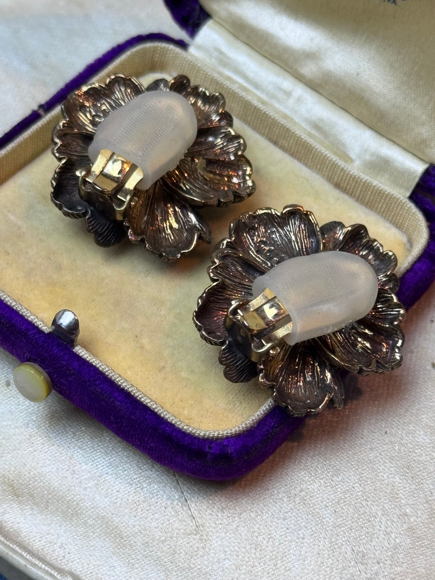 Stephen Dweck Sterling 925 Flower Clip Earrings Blue Green Stone Signed 1.25”