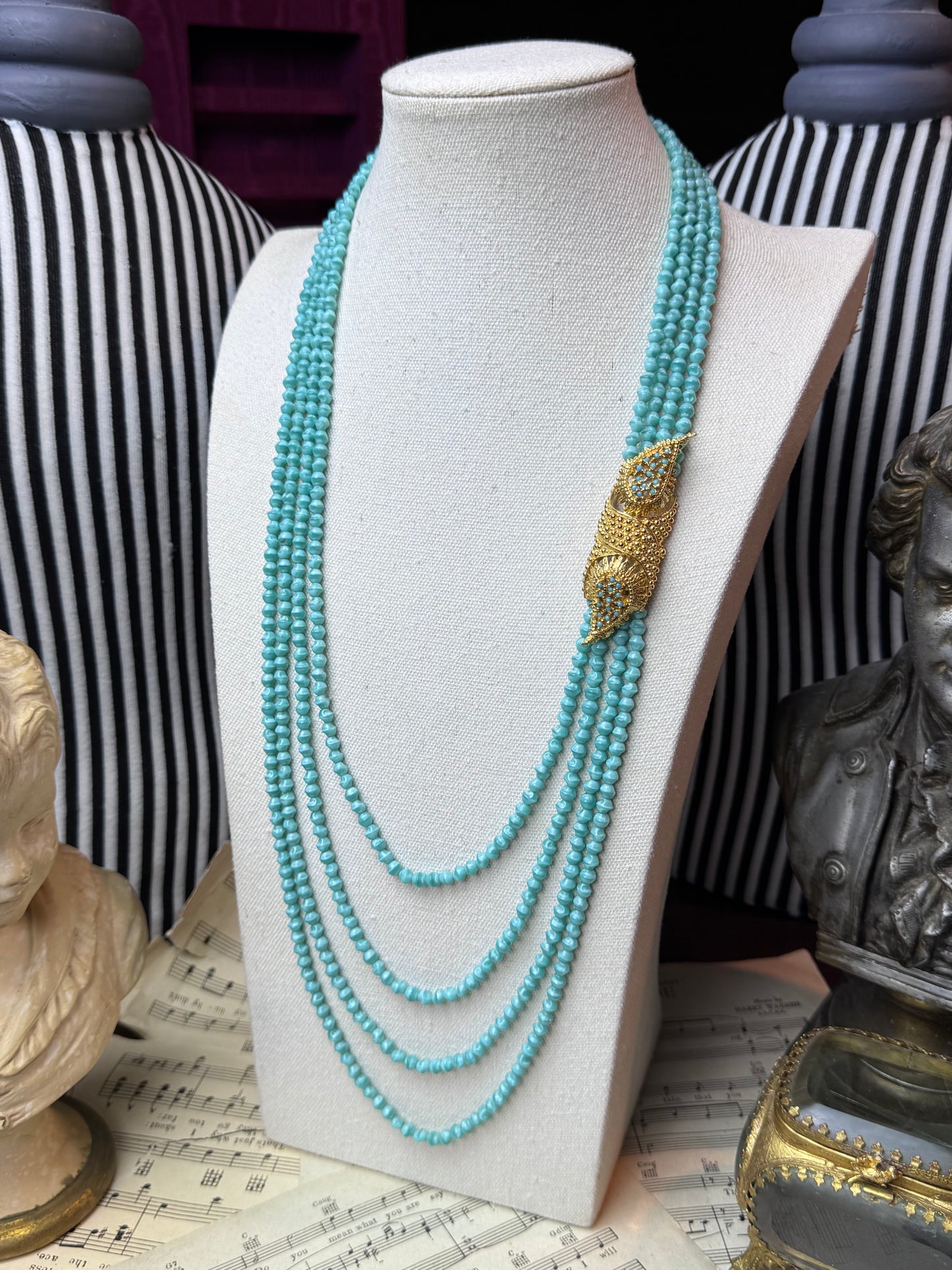 Vintage SIGNED Judith McCann Turquoise Color Glass Bead Necklace 4 Strand Goldtone Clasp 26”