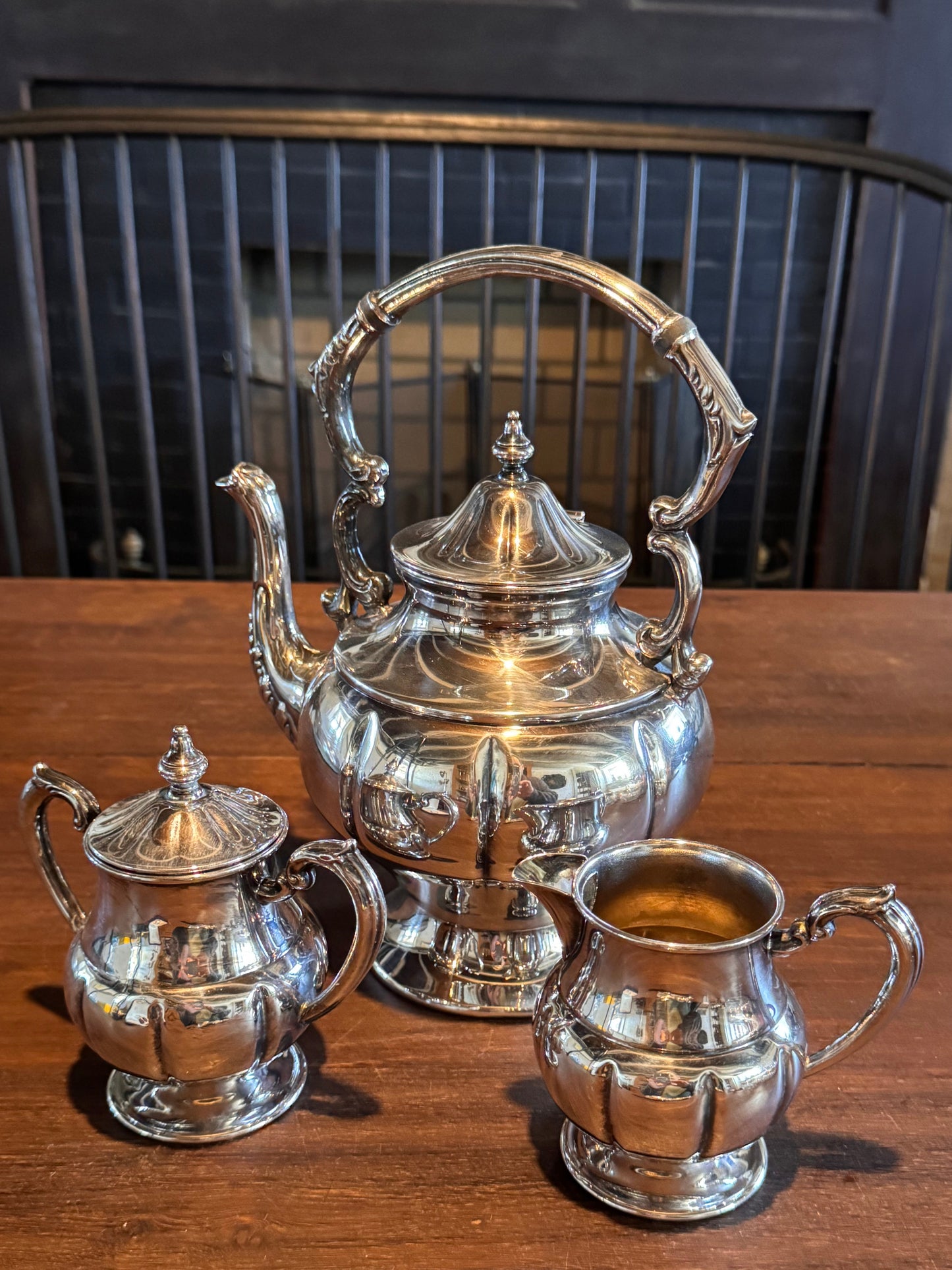 Silver Plate Tea Set 3Pc Footed Teapot Creamer Sugar Vintage