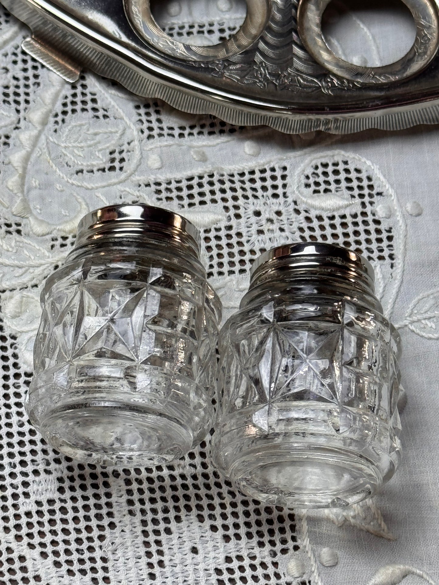 Early 20th Century Chrome Egg Cruet Set Apostle Spoons Salt Pepper Server 8”