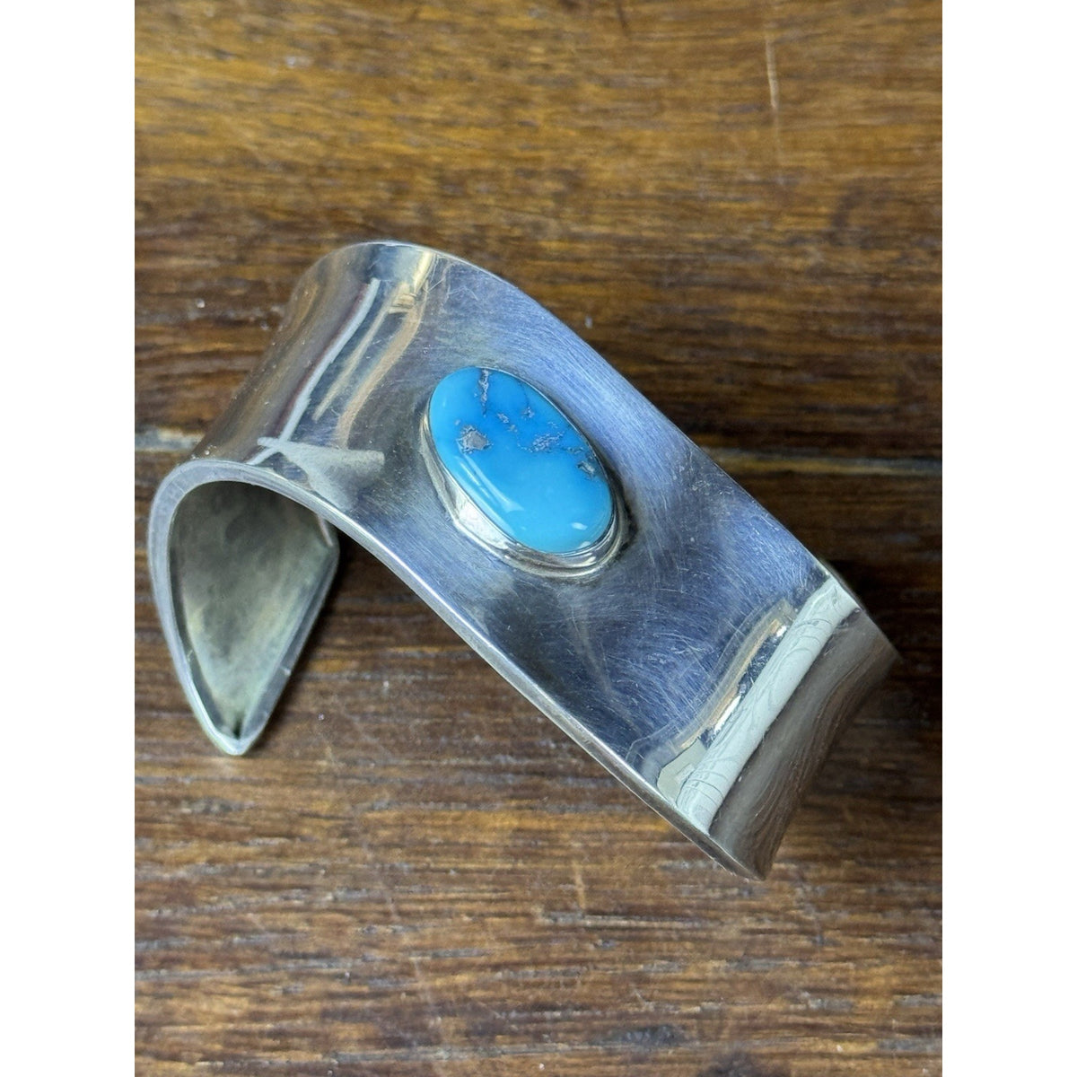 Sterling Silver Cuff Bracelet Blue Stone Wide Modernist Style 6.75” Wrist Size