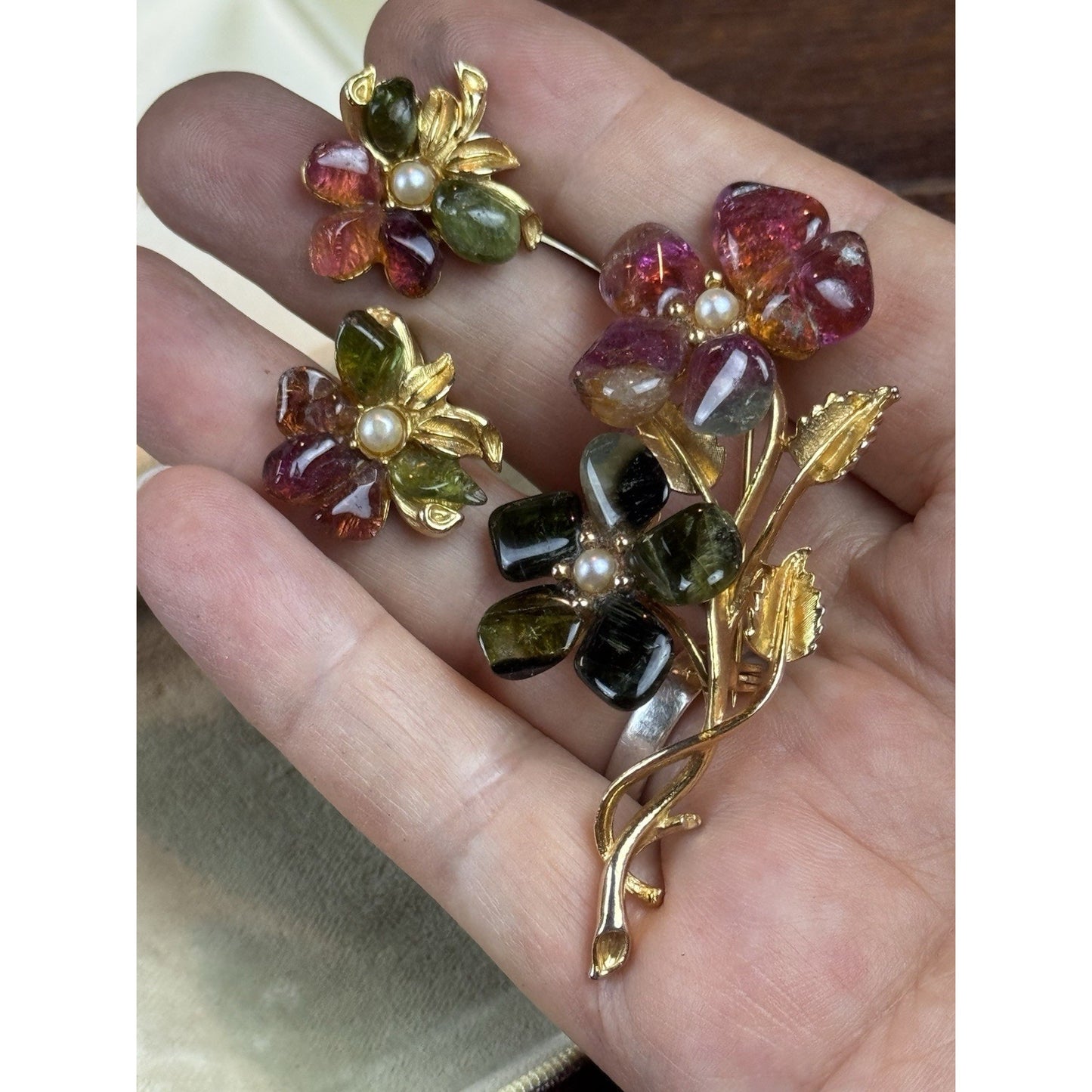 Vintage BARCS Stone Flower Brooch Earrings Set C725 Goldtone Australia