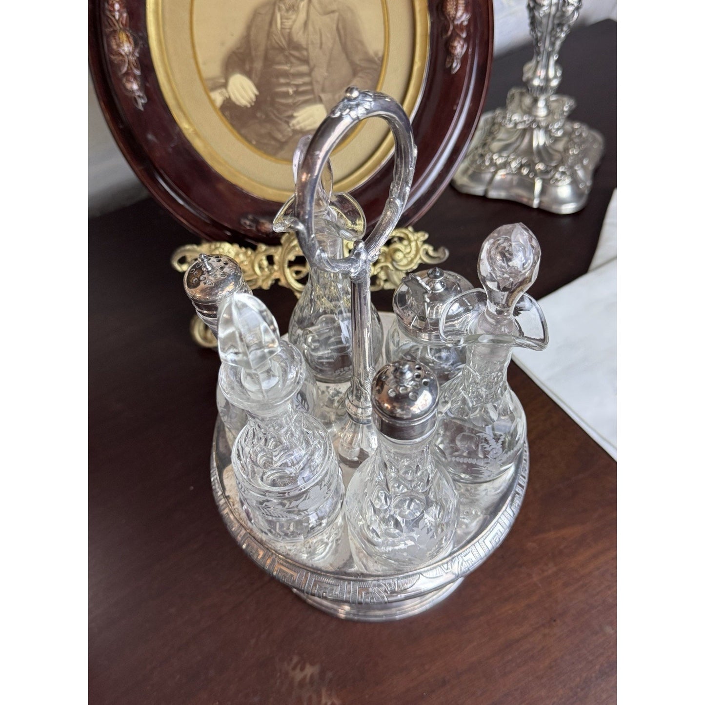 Antique Rogers Smith Silverplate Cruet Set Etched Glass 6 Bottles 13.5” Tall